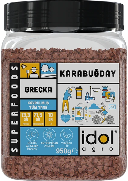 Idolagro Karabuğday / Greçka Superfoods Düşük Gi, Yüksek Lif, Kavrulmuş Tüm Tane  950 gr