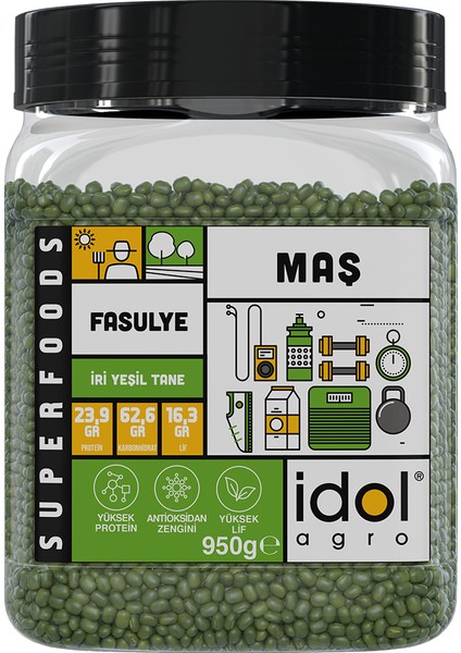 Idolagro Maş Fasulyesi Superfoods Yüksek Protein + Lif, Tam Yeşil Tane 950 gr