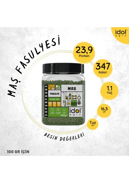 Idolagro Maş Fasulyesi Superfoods Yüksek Protein + Lif, Tam Yeşil Tane 950 gr