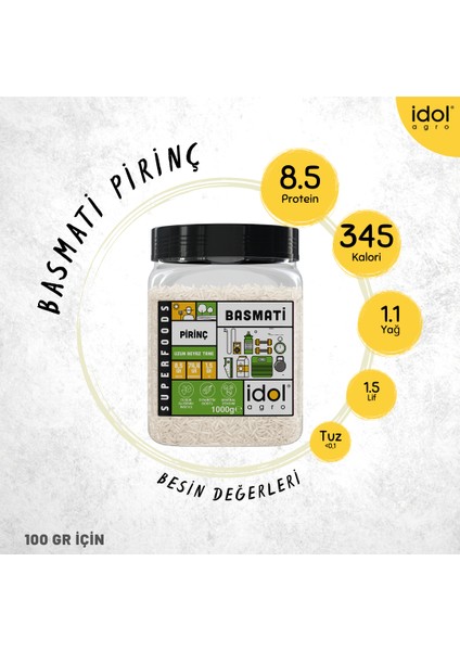 Idolagro Basmati Pirinç Superfoods Parboiled, Yapışmaz Aromatik Uzun Tane 1000 gr