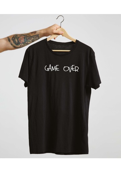 Siyah %100 Pamuk Bisiklet Yaka Basic Örme T-Shirt Game Over