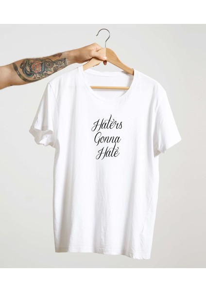 Beyaz %100 Pamuk Bisiklet Yaka Basic Örme T-Shirt Haters Gonna Hate
