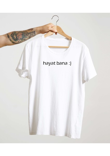 Beyaz %100 Pamuk Bisiklet Yaka Basic Örme T-Shirt Hayat Bana Güzel