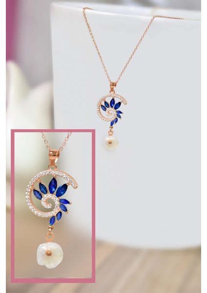 925 Ayar Gümüş Rose Kaplama Lacivert Taşlı Tasarım Sedef Manolya Çiçeği Kolye