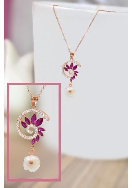 925 Ayar Gümüş Rose Kaplama Pembe Taşlı Tasarım Sedef Manolya Çiçeği Kolye
