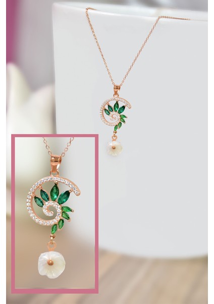 925 Ayar Gümüş Rose Kaplama Yeşim Taşı Tasarım Sedef Manolya Çiçeği Kolye fiyatları