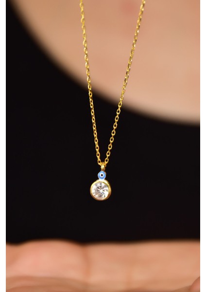925 Ayar Gümüş Gold Kaplama Göz Mineli Zirkon Taşlı Yuvarlak Tektaş Kolye fiyatları