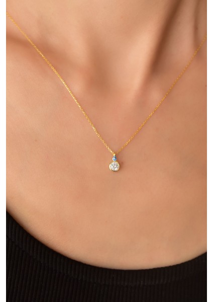 925 Ayar Gümüş Gold Kaplama Göz Mineli Zirkon Taşlı Yuvarlak Tektaş Kolye modelleri