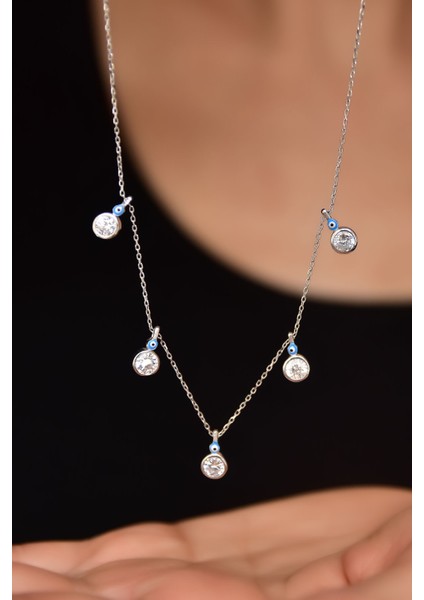 925 Ayar Gümüş Rodyum Kaplama Mineli Gözlü Yuvarlak Zirkon Taşlı Sallantılı Kolye fırsatları