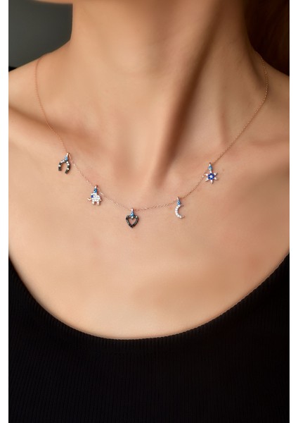 925 Ayar Gümüş Rose Kaplama Göz Mineli Zirkon Taşlı Şans Kolye