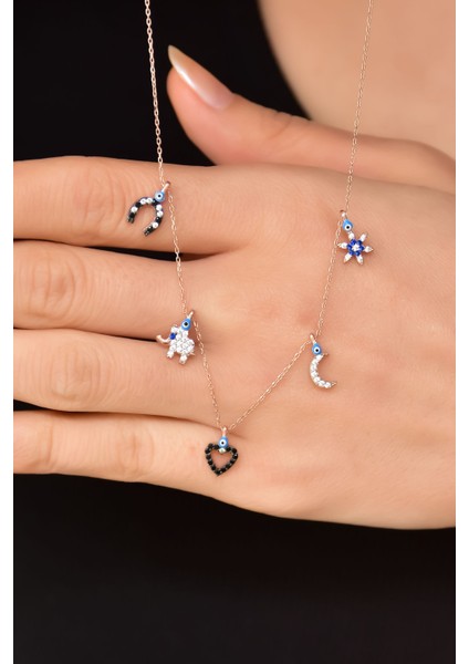 925 Ayar Gümüş Rose Kaplama Göz Mineli Zirkon Taşlı Şans Kolye modelleri