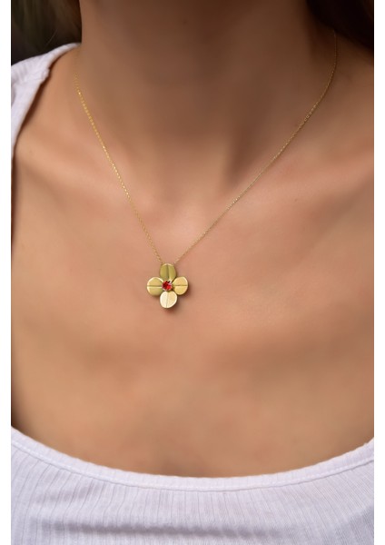 925 Ayar Gümüş Gold Kaplama Temmuz Ayı Doğum Taşlı Matthiola Çiçeği Kolye