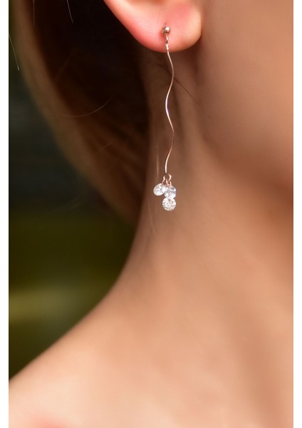 925 Ayar Gümüş Rose Kaplama Zirkon Taşılı Dalgalı Zincir Sallantılı Küpe