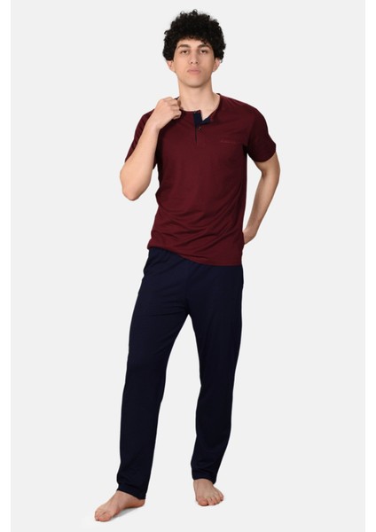 Erkek Bordo 2'li Takım Düğmeli Yazlık Pijama Takımı 6020-