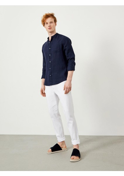 %100 Keten Hakim Yaka Regular Fit Basic Gömlek