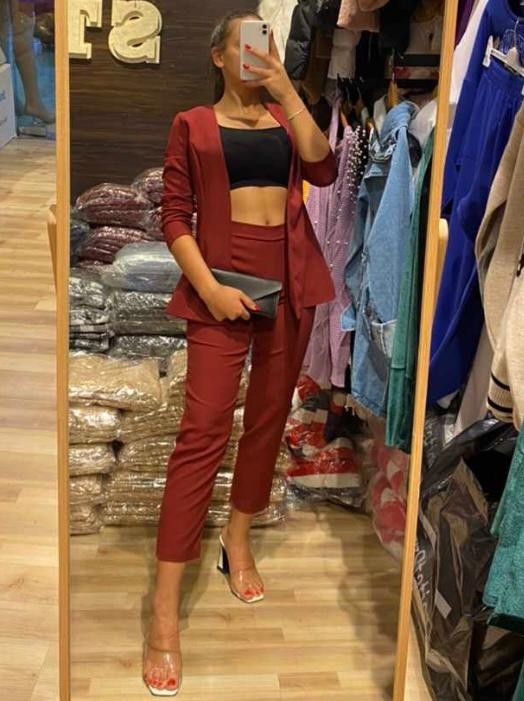 Rengamoda Atlas Kumaş Ceket Pantolon Takım(Bordo) görsel 2