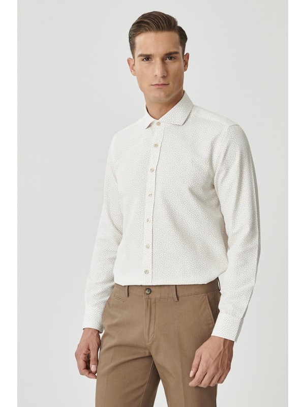 Altınyıldız Classıcs Erkek Beyaz-Bej Slim Fit Dar Kesim Büyük İtalyan Yaka Baskılı Gömlek