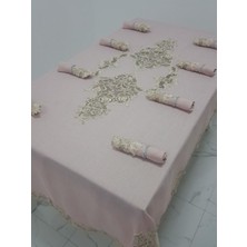 Finezza Henna Lüx Dantelli Simli Keten Kumaş Pudra Masa Örtüsü ve Peçeteli Sofra Takımı 8 kişilik Dikdörtgen 160x230 cm 17 Parça - 1149