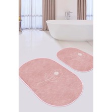 RealHomes Pudra Zemin Çiçek Tasarımlı Dijital Baskılı 2'li Oval Kaymaz Tabanlı Banyo & Mutfak Paspas Takımı