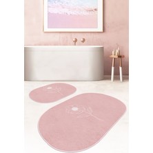 RealHomes Pudra Zemin Çiçek Tasarımlı Dijital Baskılı 2'li Oval Kaymaz Tabanlı Banyo & Mutfak Paspas Takımı