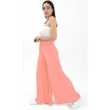 Vpr Moda Geniş Kemerli Bol Paça Düz Keten Kadın Pantolon - Mercan