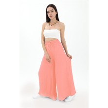Vpr Moda Geniş Kemerli Bol Paça Düz Keten Kadın Pantolon - Mercan