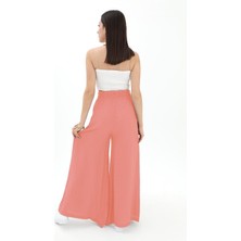 Vpr Moda Geniş Kemerli Bol Paça Düz Keten Kadın Pantolon - Mercan