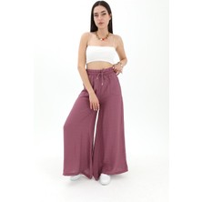 Vpr Moda Geniş Kemerli Bol Paça Düz Keten Kadın Pantolon - Lila