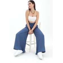 Vpr Moda Geniş Kemerli Bol Paça Düz Keten Kadın Pantolon - Mavi
