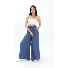 Vpr Moda Geniş Kemerli Bol Paça Düz Keten Kadın Pantolon - Mavi