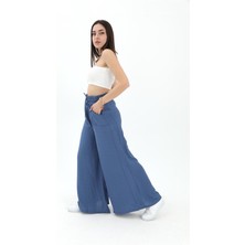 Vpr Moda Geniş Kemerli Bol Paça Düz Keten Kadın Pantolon - Mavi