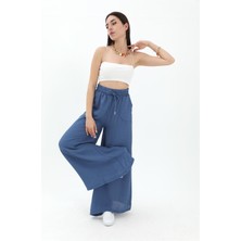 Vpr Moda Geniş Kemerli Bol Paça Düz Keten Kadın Pantolon - Mavi
