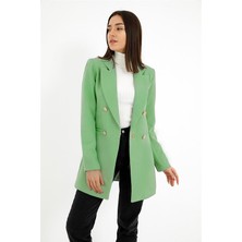 Vpr Moda Omuzları Vatkalı Önü Çıtçıtlı Atlas Kumaş Kadın Blazer Ceket - Yeşil