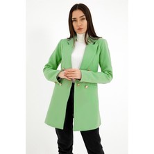 Vpr Moda Omuzları Vatkalı Önü Çıtçıtlı Atlas Kumaş Kadın Blazer Ceket - Yeşil