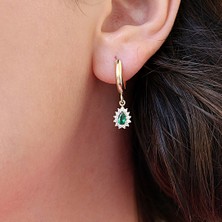 Yeşil Beyaz Taşlı Minimal Anturaj Damla Gümüş Küpe