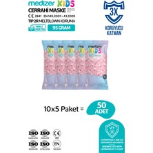 Medizer Full Ultrasonik Cerrahi Kız Çocuk Maskesi 50 Adet  Burun Telli  10'ar Adet 5 Farklı Desen