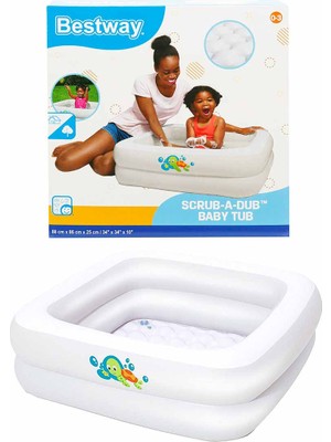 Bestway Beyaz Kare Bebek Havuzu Dayanıklı Vinil Tasarım 86 x 86 x 25 cm 0-3 Yaş İçin