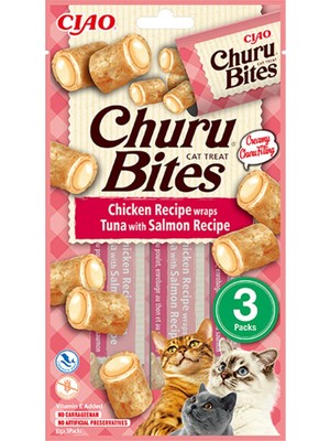Churu Bites Tavuk Sargılı Ton Balıklı ve Somonlu Kedi Ödül Maması 3X10 Gr 3 Adet Yaşlı Kediler İçin