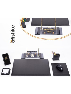 Ofistike Assos Deri Sümen Takımı Siyah 6 Parça 30 x 11cm Kristal İsimlikli Kabartma Yazılı