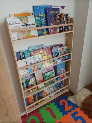 Montessori Kitaplık Geniş Model Yuvarlak Çıtalı 80 cm x 120 cm Çocuk Montessori Ahşap Duvar Rafı