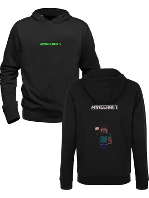 Minecraft Baskılı Siyah Ön Arka Baskılı Çocuk Sweatshirt