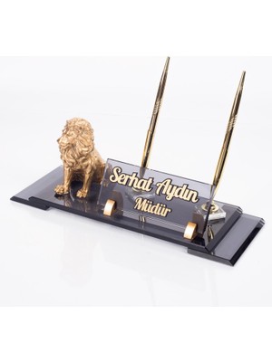 Ofistike Aslan Biblolu Elit Kristal Isimlik Çift Kalemli Masa Isimliği