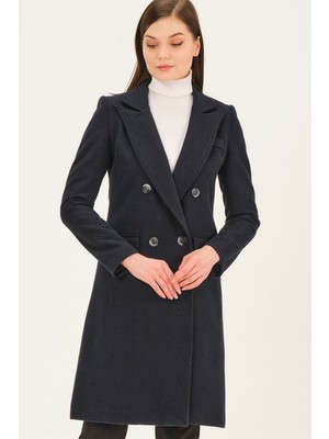 Dewberry Kadın Lacivert Midi Palto Yün Malzemeden Uzun Kol Düz Desenli