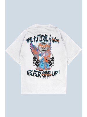 AyveGa Never Give Up Beyaz Oversize  T-Shirt