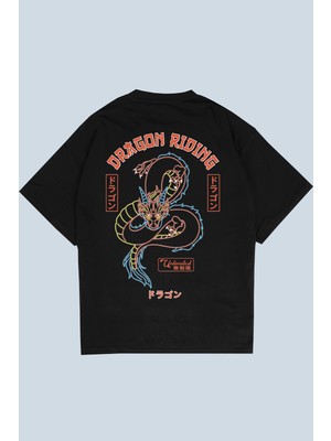 AyveGa Dragon Riding Siyah Oversize  T-Shirt