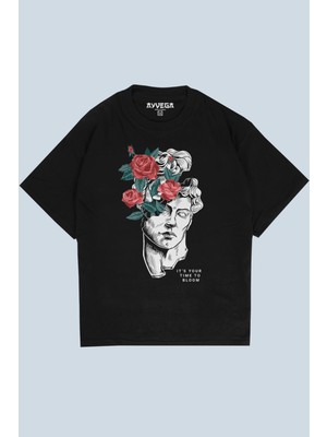 AyveGa Rose Sculpture V2 Siyah Oversize  T-Shirt
