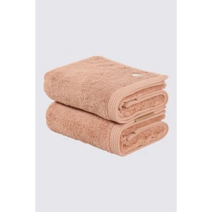 Pure Cotton 2'li El Yüz Havlusu Seti  Organik Pamuk Kelebek Bordürlü Nakışlı Kahve 50X90 cm