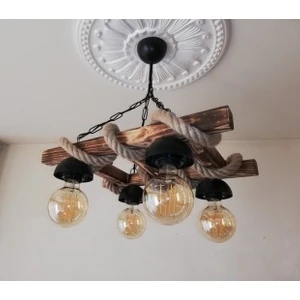 Özra Ahşap 4 Lambalı Vintage Halat Sarkıt Otantik Aydınlatma