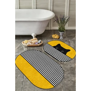 Sarı Motifli Kedi Desenli Çizgili 2'li Oval Kaymaz Tabanlı Banyo Paspas Seti & Mutfak Halı Takımı