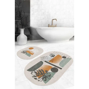 Pastel Renkli Yaprak Desenli Özel Tasarım 2'li Oval Kaymaz Tabanlı Banyo & Mutfak Paspas Takımı